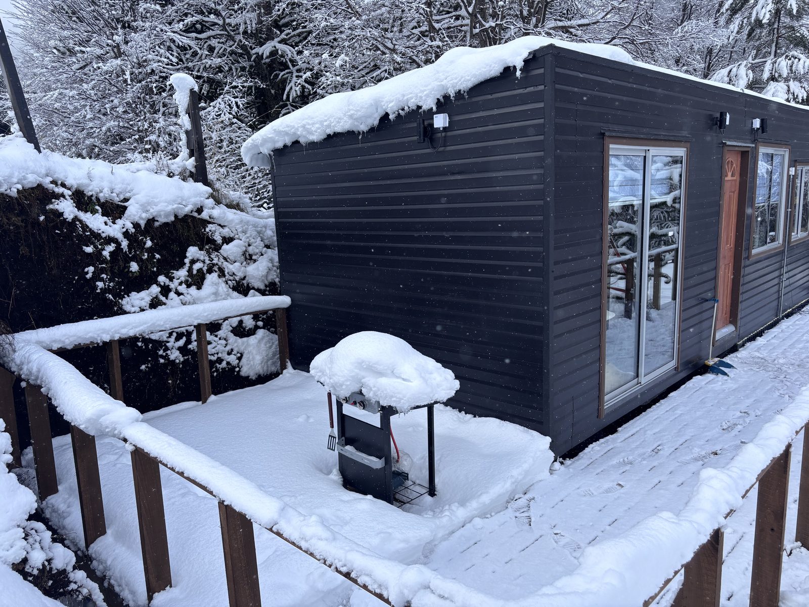 Deck con parrilla, nevado